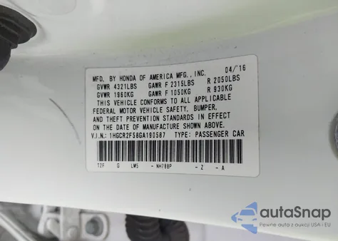 2016 Honda Accord Sport from USA, damaged, VIN 1HGCR2F58GA190587